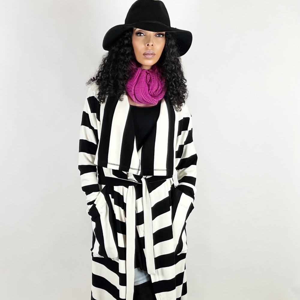 Black and White Striped Maxi Cardigan with Pockets
